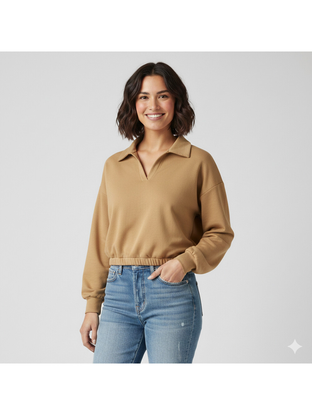 AYR Pima Cotton Cropped Sweater Womens XS Camel V Neck Collared Minimalist Fall